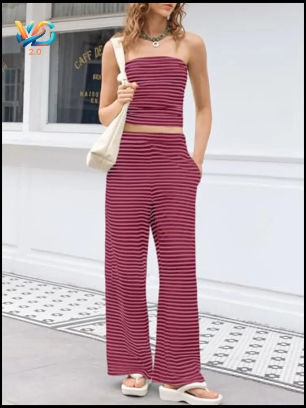 Striped 2 Piece Lounge Set Strapless Crop Top Wide Leg Pants Matching Vacation